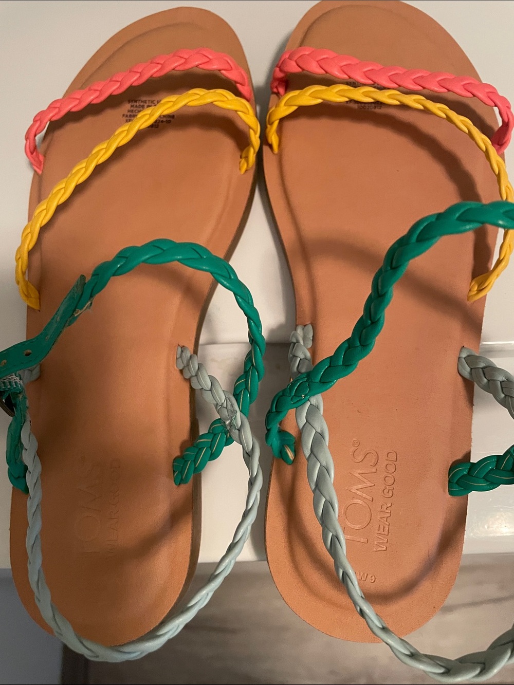 TOMS Women's Coral, Yellow, Teal & Light Gray Braided Strap Sandals